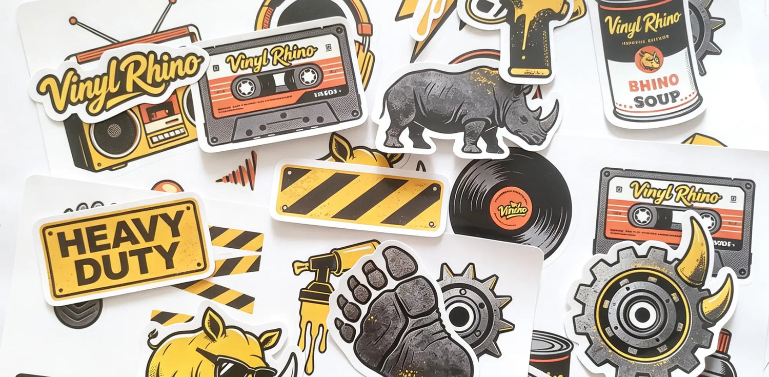 Custom die cut stickers precisely cut to the shape of unique designs like rhinos and cassette tapes for bold brand identity.