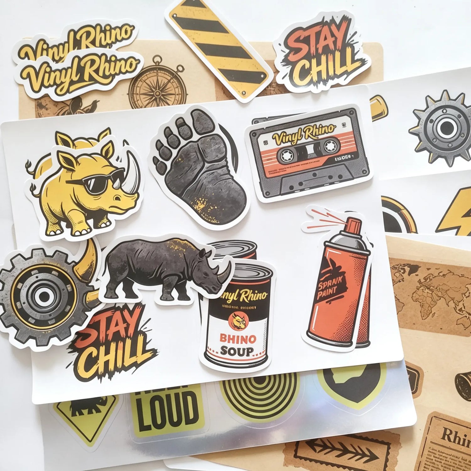 High-quality custom vinyl stickers collection featuring diverse creative designs, retro industrial themes, and waterproof brand logos.