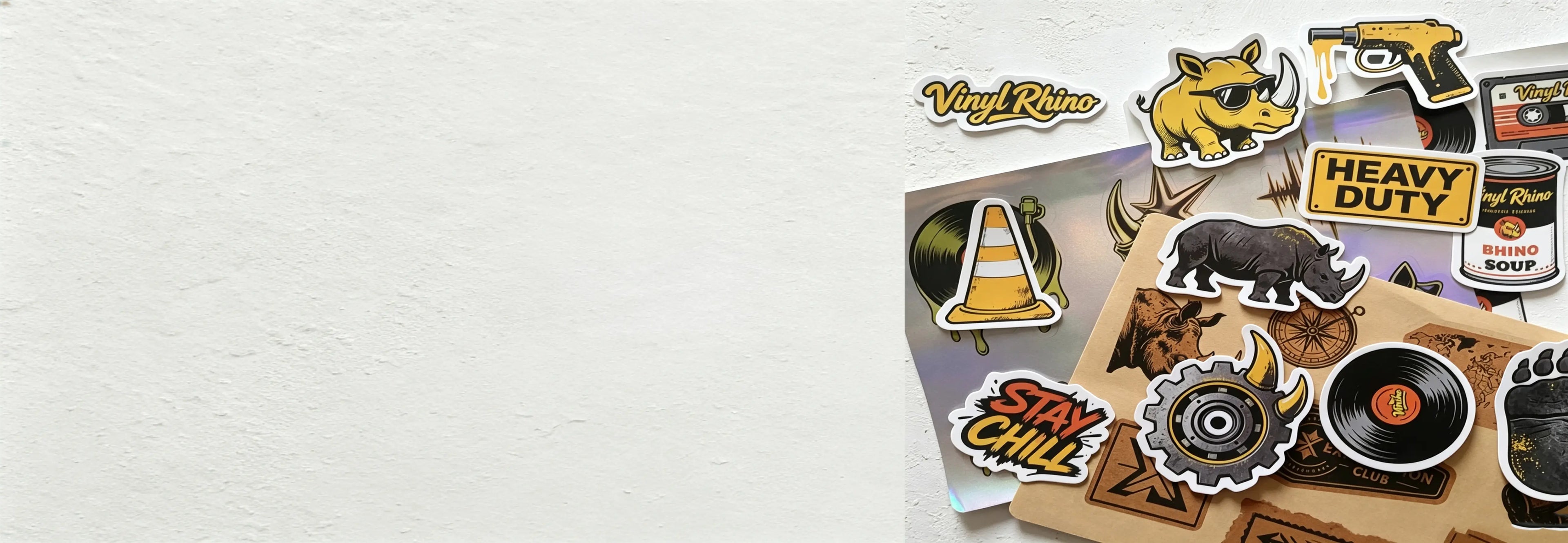 Premium custom sticker printing service. A display of high-quality vinyl stickers, including die-cut decals and holographic labels with vibrant retro and industrial designs for custom branding.
