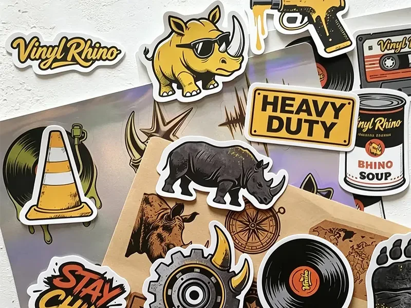 Close-up of premium custom vinyl stickers. A vibrant collection of waterproof die-cut decals and holographic labels featuring retro industrial designs, showcasing high-quality custom sticker printing for brands.
