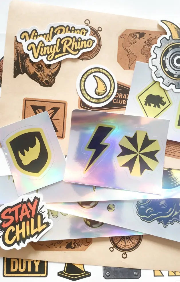 Specialty custom stickers including holographic, shiny, and metallic finishes that add a unique visual impact to your brand designs.