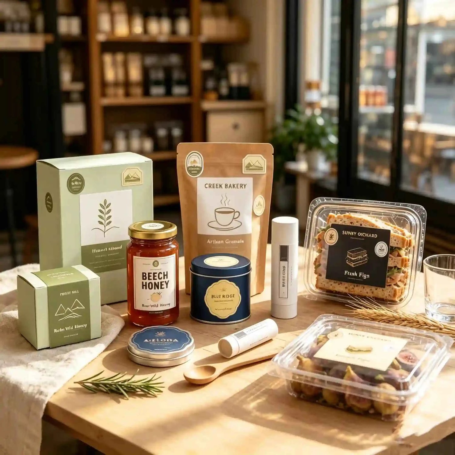Professional product packaging stickers by Vinyl Rhino shown on jars and artisan boxes for brand packaging.