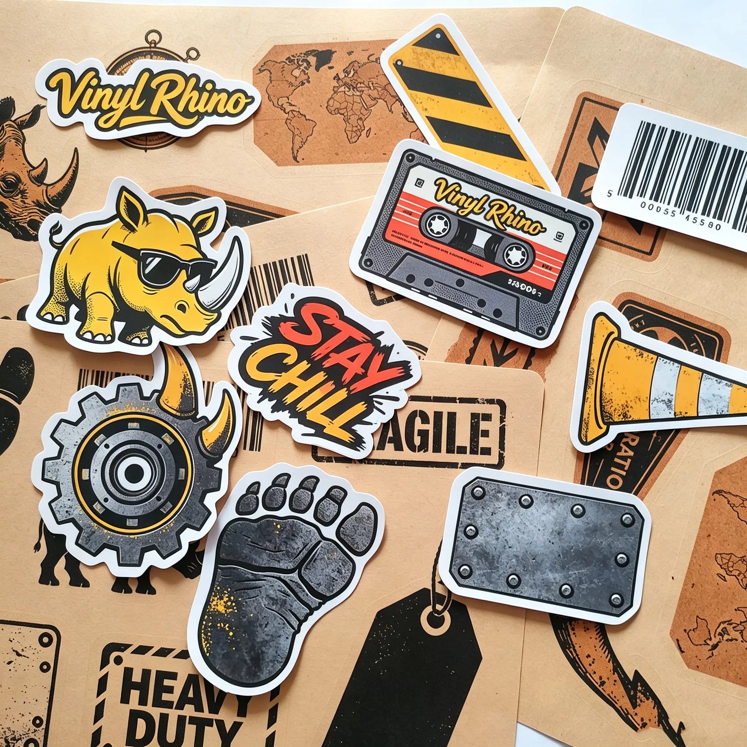 A diverse collection of Vinyl Rhino custom sticker samples featuring high-quality die-cut designs, industrial textures, and a holographic vinyl background.