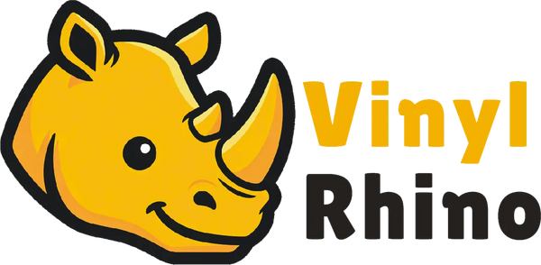 Vinyl Rhino official brand logo with yellow rhino mascot and text for custom stickers.